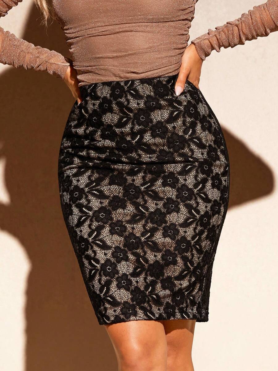 Women's high-waisted floral lace pencil skirt with knee-length cut and back split detail