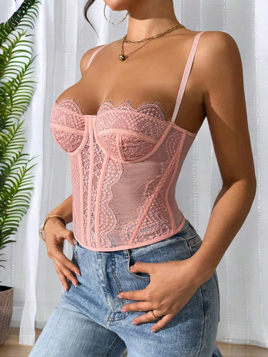 Women's brown lace trim cami corset crop top featuring a low cut neck, unlined body, and slim fit bodycon silhouette.