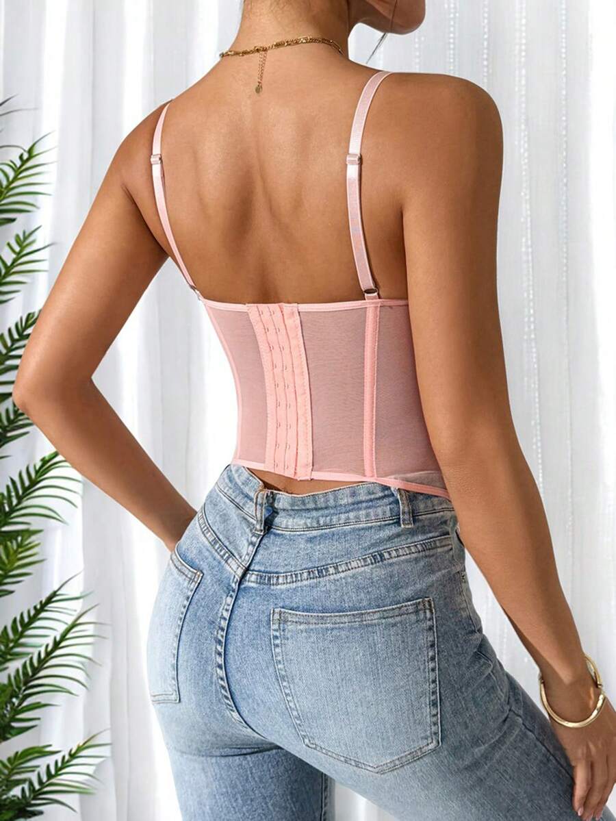 Women's brown lace trim cami corset crop top featuring a low cut neck, unlined body, and slim fit bodycon silhouette.