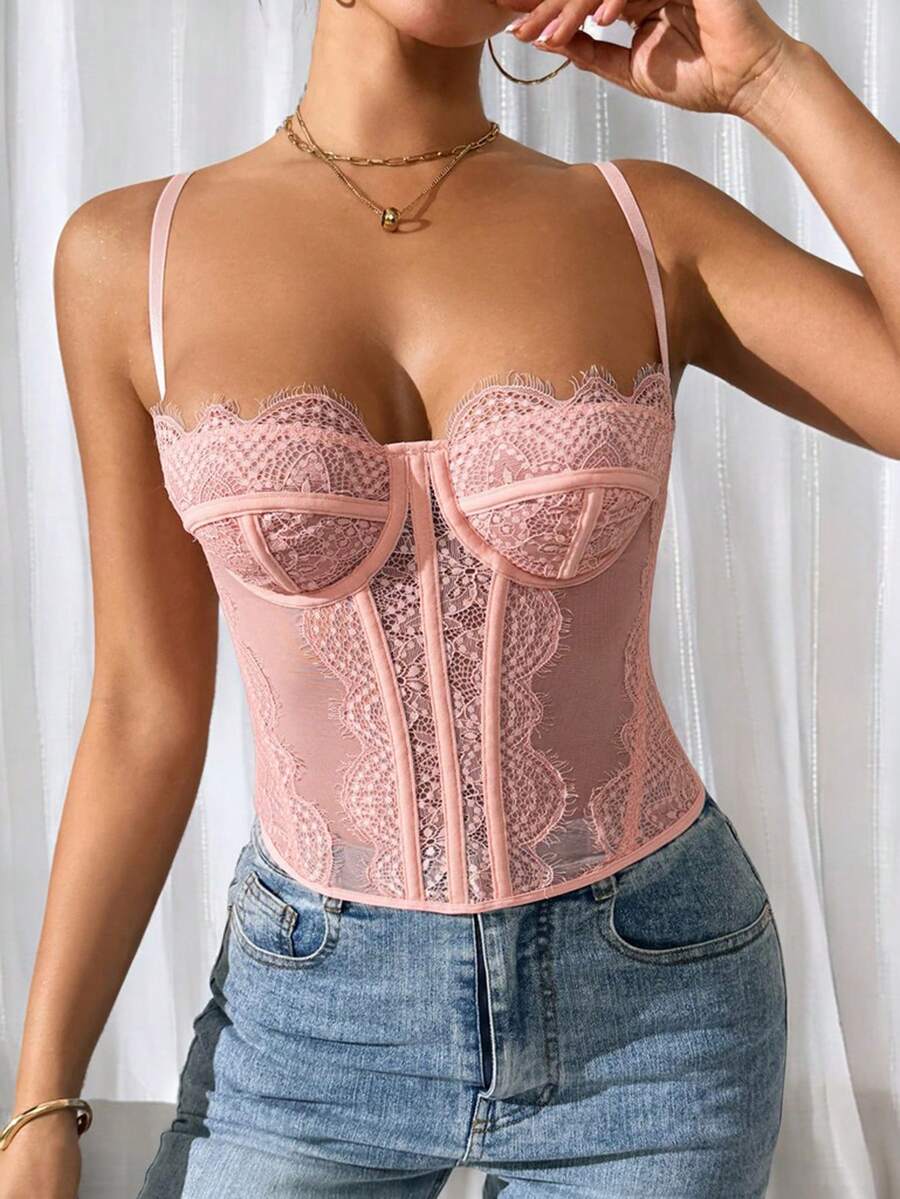 Women's brown lace trim cami corset crop top featuring a low cut neck, unlined body, and slim fit bodycon silhouette.