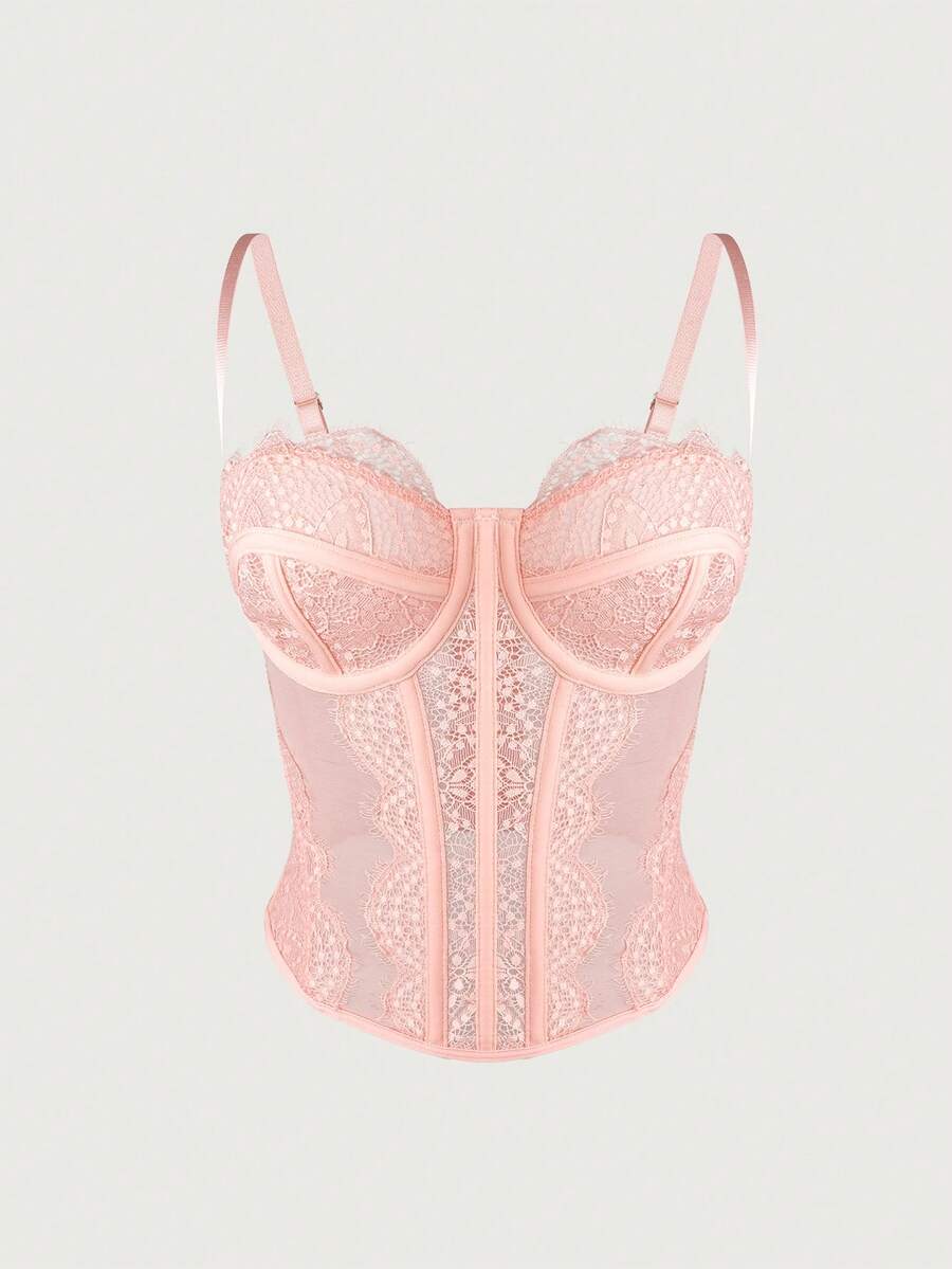 Front view of a black seamless lace camisole crop top featuring delicate spaghetti straps and intricate contrast lace detailing.