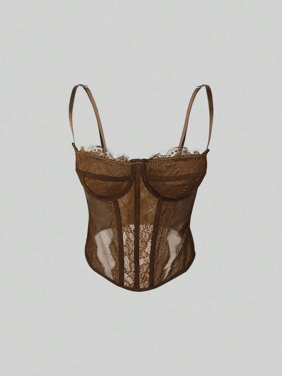 Front view of a black seamless lace camisole crop top featuring delicate spaghetti straps and intricate contrast lace detailing.