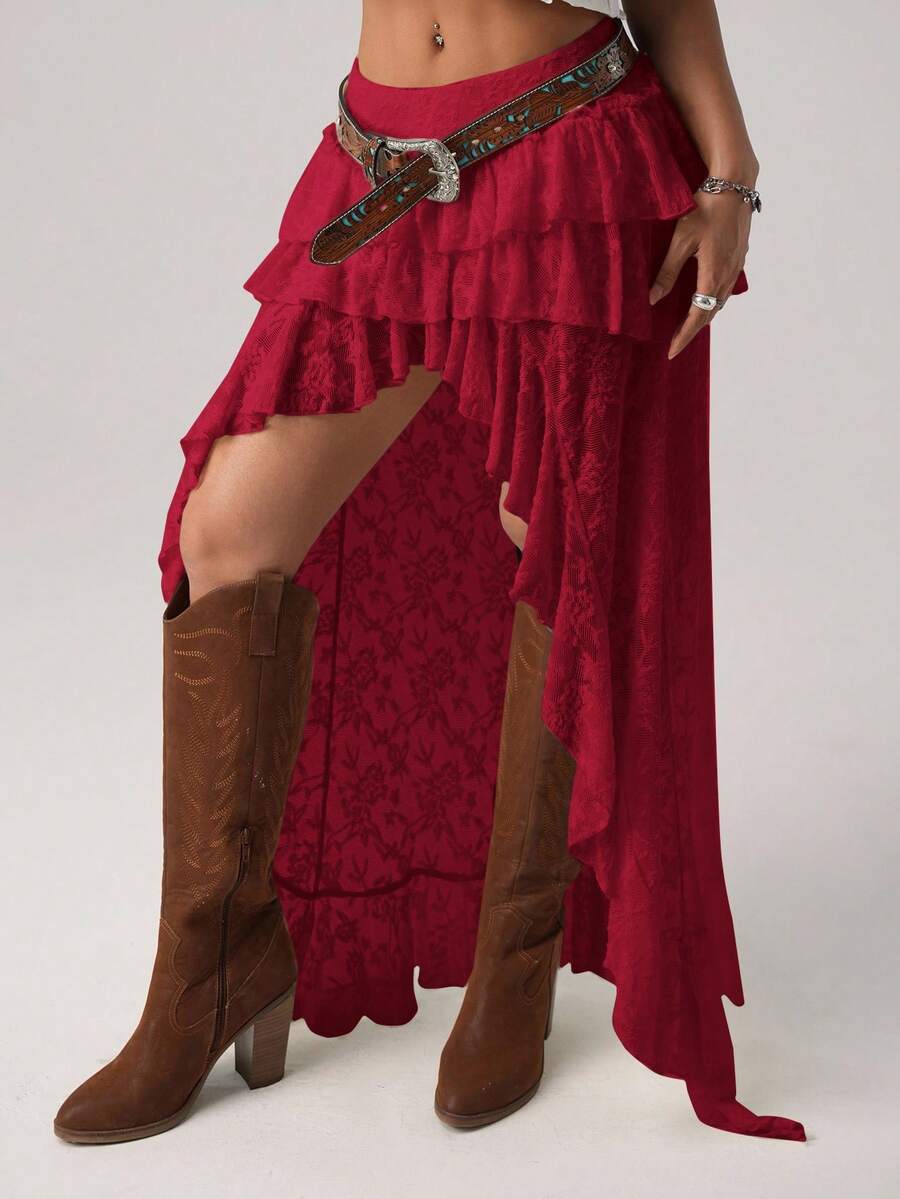 Women's lace tiered asymmetrical maxi skirt featuring a low waist and high slit thigh design.