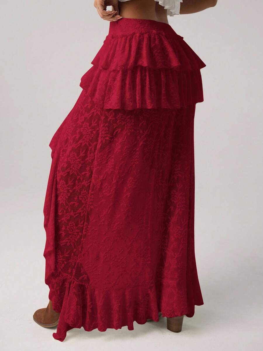 Women's lace tiered asymmetrical maxi skirt featuring a low waist and high slit thigh design.