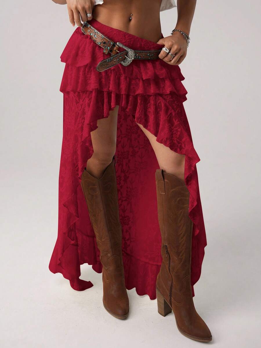 Women's lace tiered asymmetrical maxi skirt featuring a low waist and high slit thigh design.