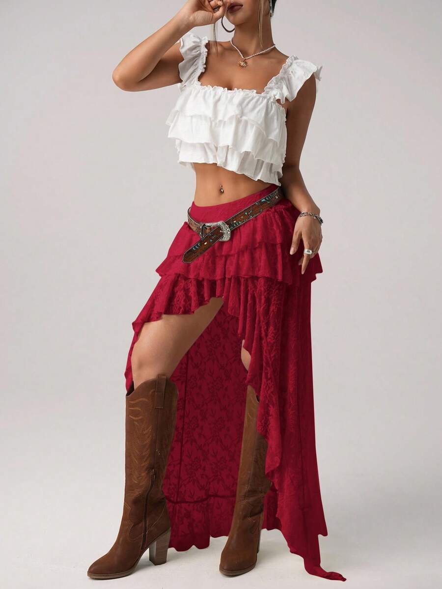 Women's lace tiered asymmetrical maxi skirt featuring a low waist and high slit thigh design.
