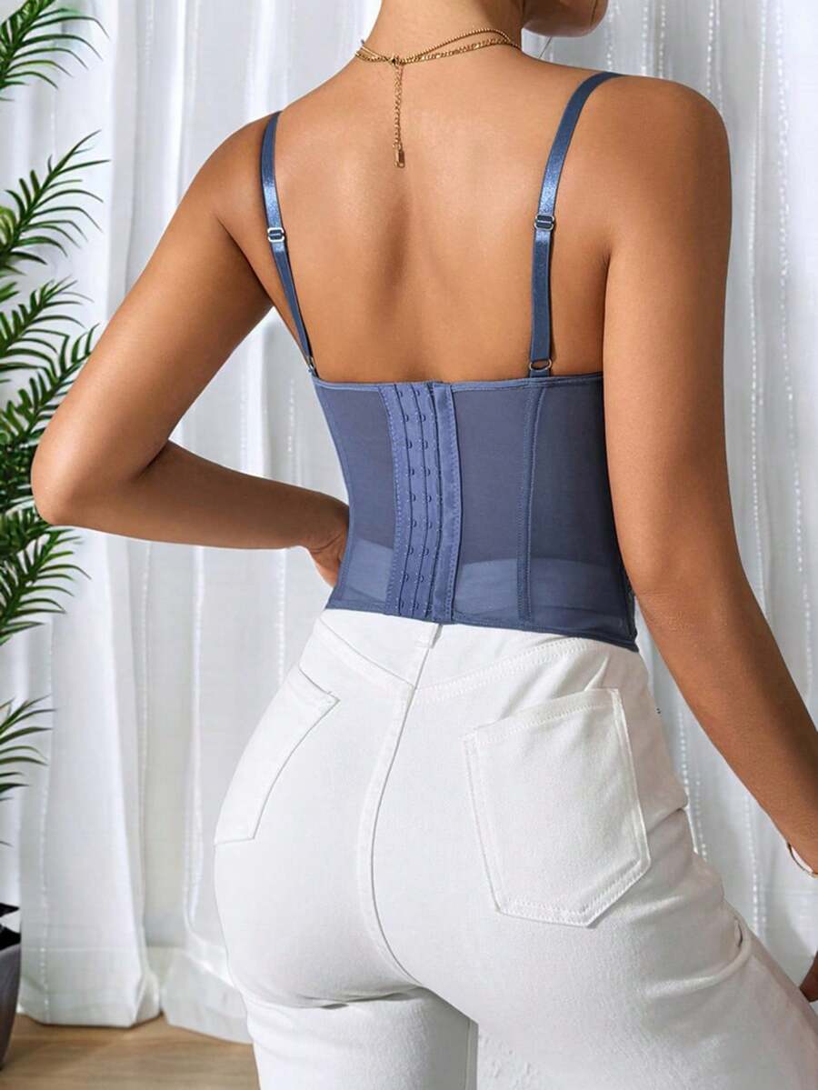 Women's brown lace trim cami corset crop top featuring a low cut neck, unlined body, and slim fit bodycon silhouette.