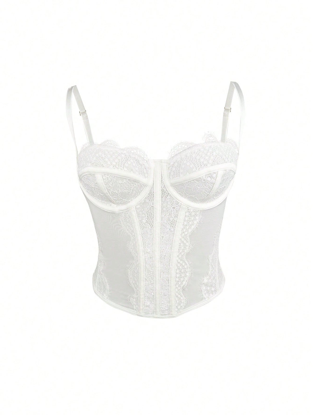 Women's brown lace trim cami corset crop top featuring a low cut neck, unlined body, and slim fit bodycon silhouette.