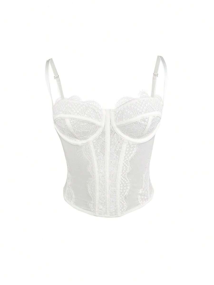 Women's brown lace trim cami corset crop top featuring a low cut neck, unlined body, and slim fit bodycon silhouette.