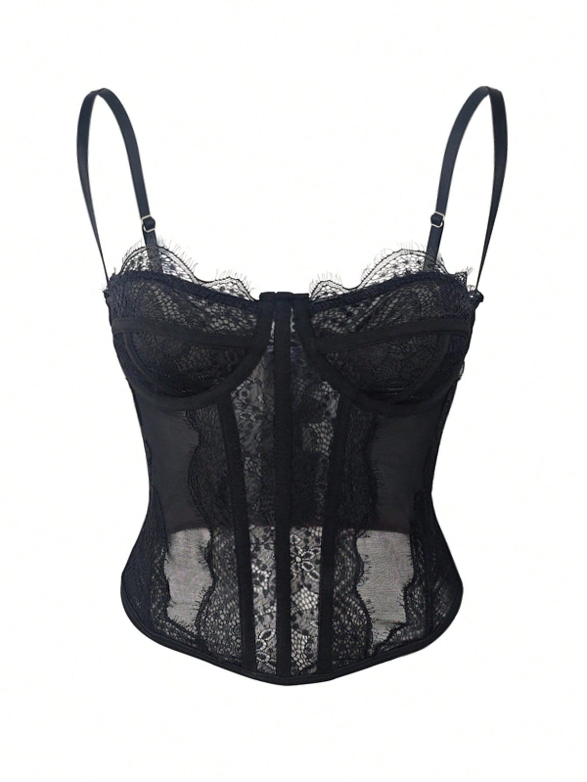 Women's brown lace trim cami corset crop top featuring a low cut neck, unlined body, and slim fit bodycon silhouette.