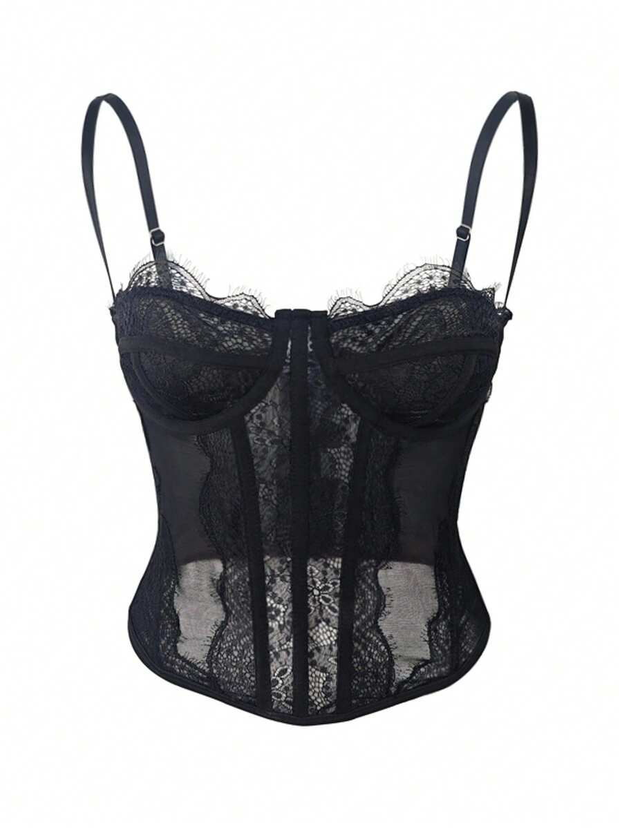 Women's brown lace trim cami corset crop top featuring a low cut neck, unlined body, and slim fit bodycon silhouette.