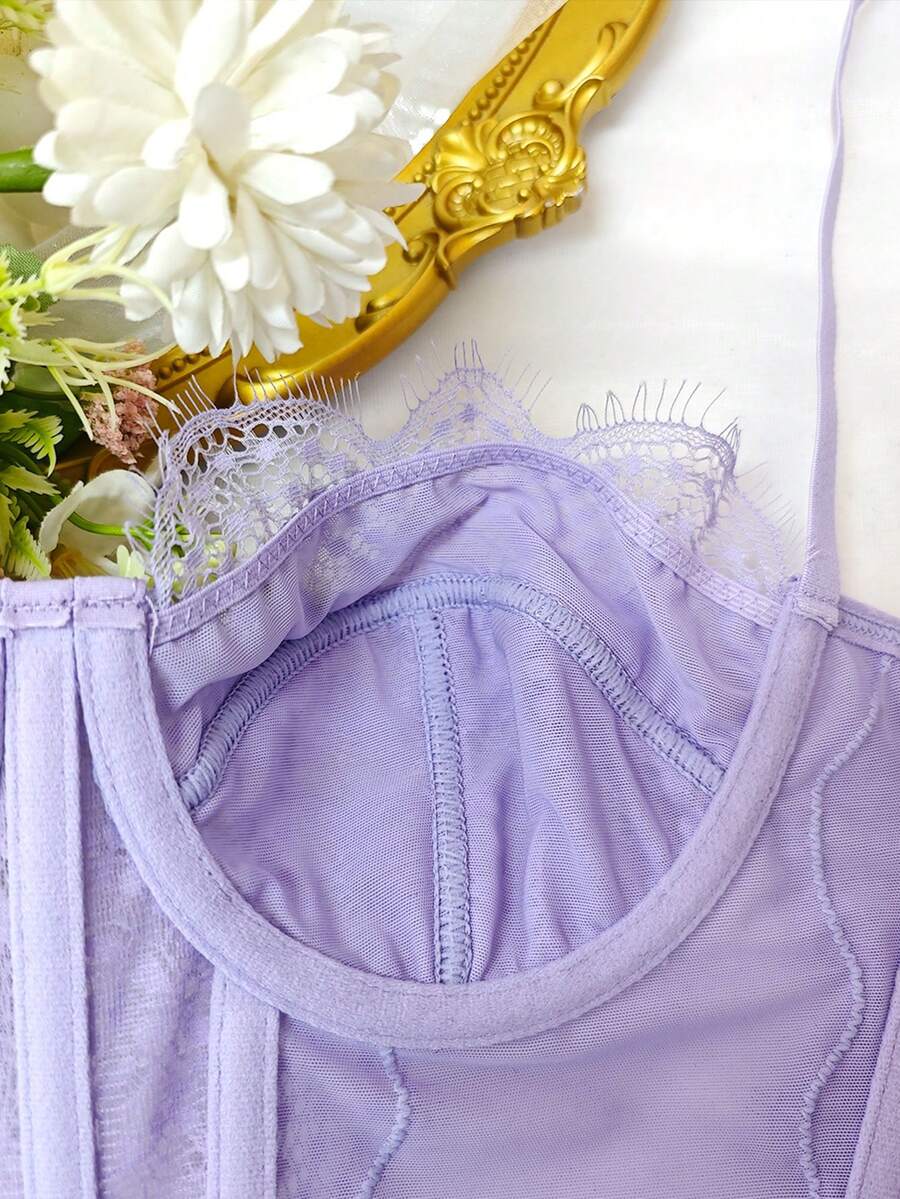 Women's brown lace trim cami corset crop top featuring a low cut neck, unlined body, and slim fit bodycon silhouette.