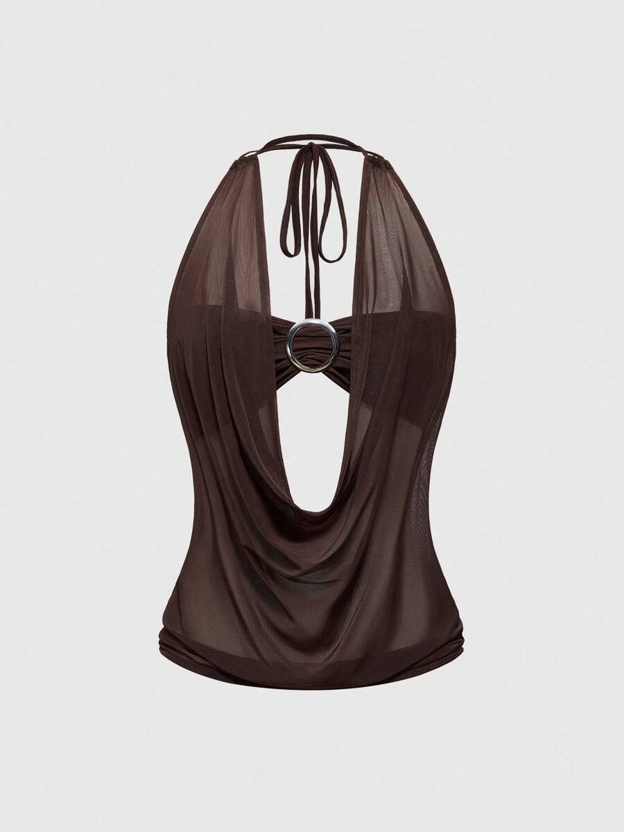 Women's cowl neck halter crop tank top featuring a draped backless design and matching bandeau inner layer.