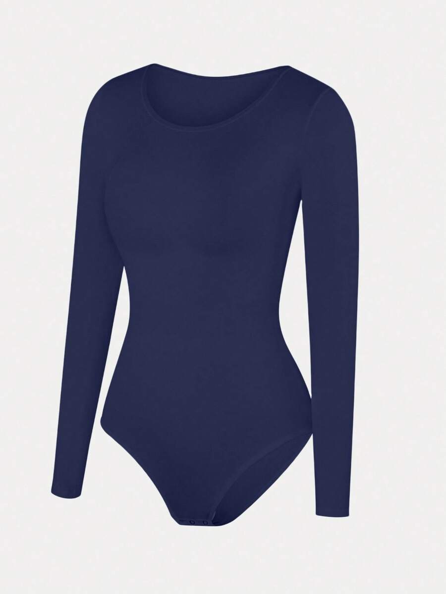 Black seamless long sleeve crew neck shapewear bodysuit for women featuring full coverage tummy control.
