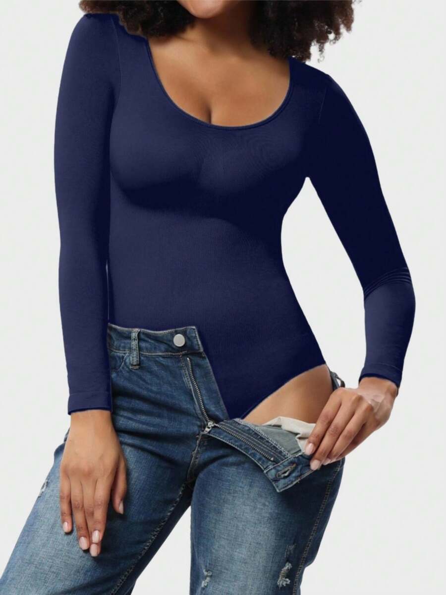 Black seamless long sleeve crew neck shapewear bodysuit for women featuring full coverage tummy control.