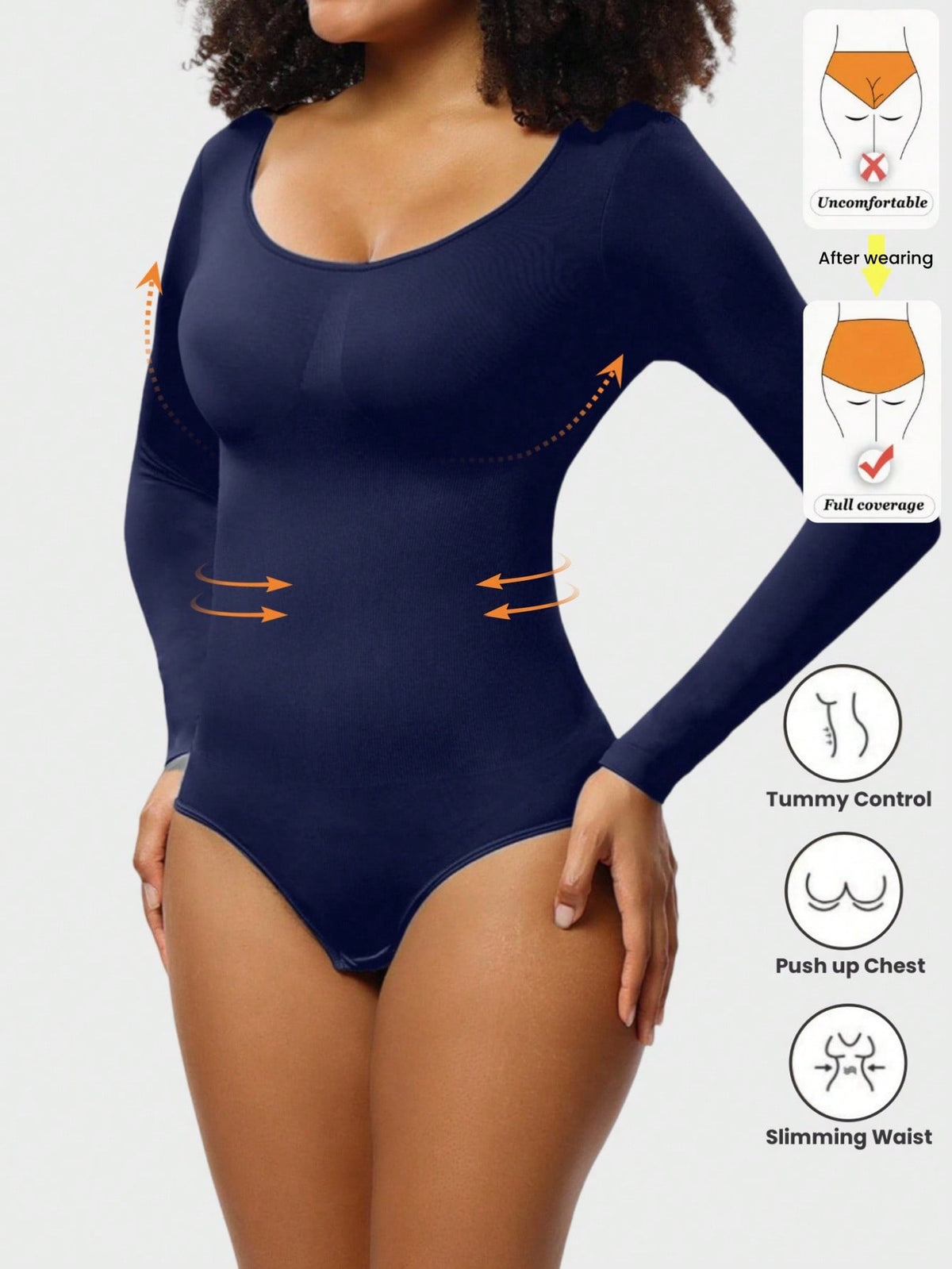 Black seamless long sleeve crew neck shapewear bodysuit for women featuring full coverage tummy control.
