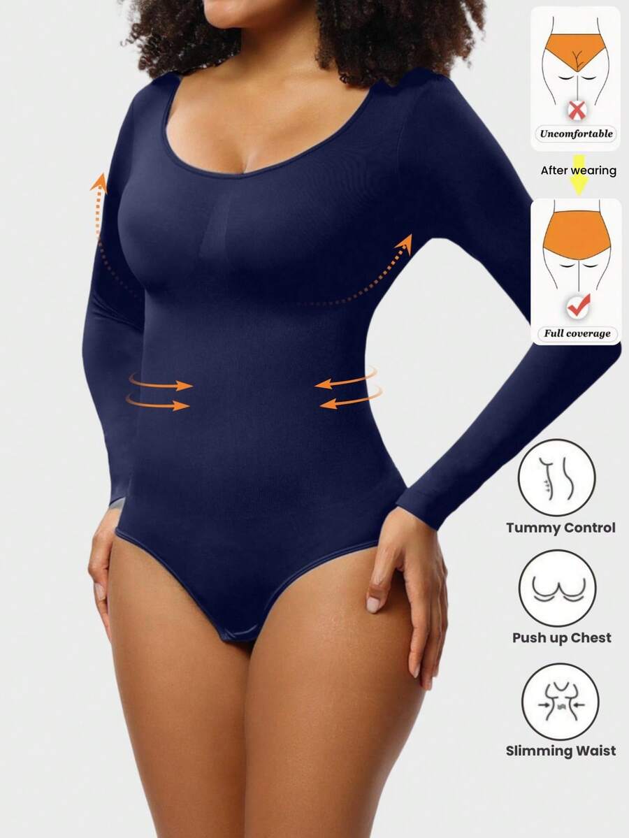 Black seamless long sleeve crew neck shapewear bodysuit for women featuring full coverage tummy control.