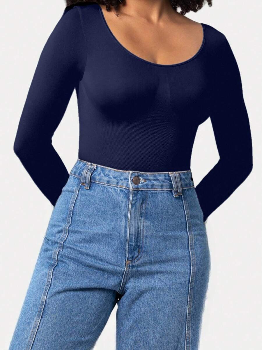 Black seamless long sleeve crew neck shapewear bodysuit for women featuring full coverage tummy control.
