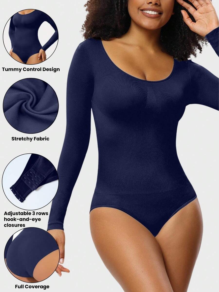 Black seamless long sleeve crew neck shapewear bodysuit for women featuring full coverage tummy control.