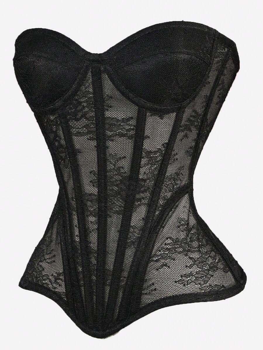 Black mesh bustier bra top with applique details and ultra light support for women