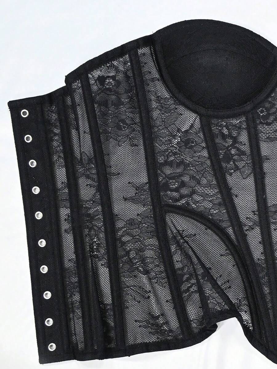 Black mesh bustier bra top with applique details and ultra light support for women