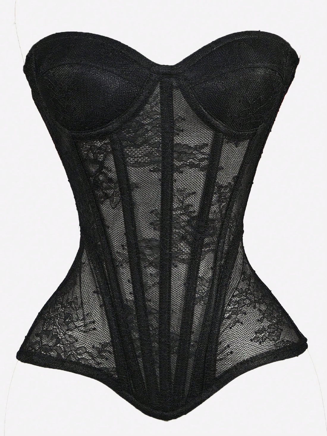 Black mesh bustier bra top with applique details and ultra light support for women