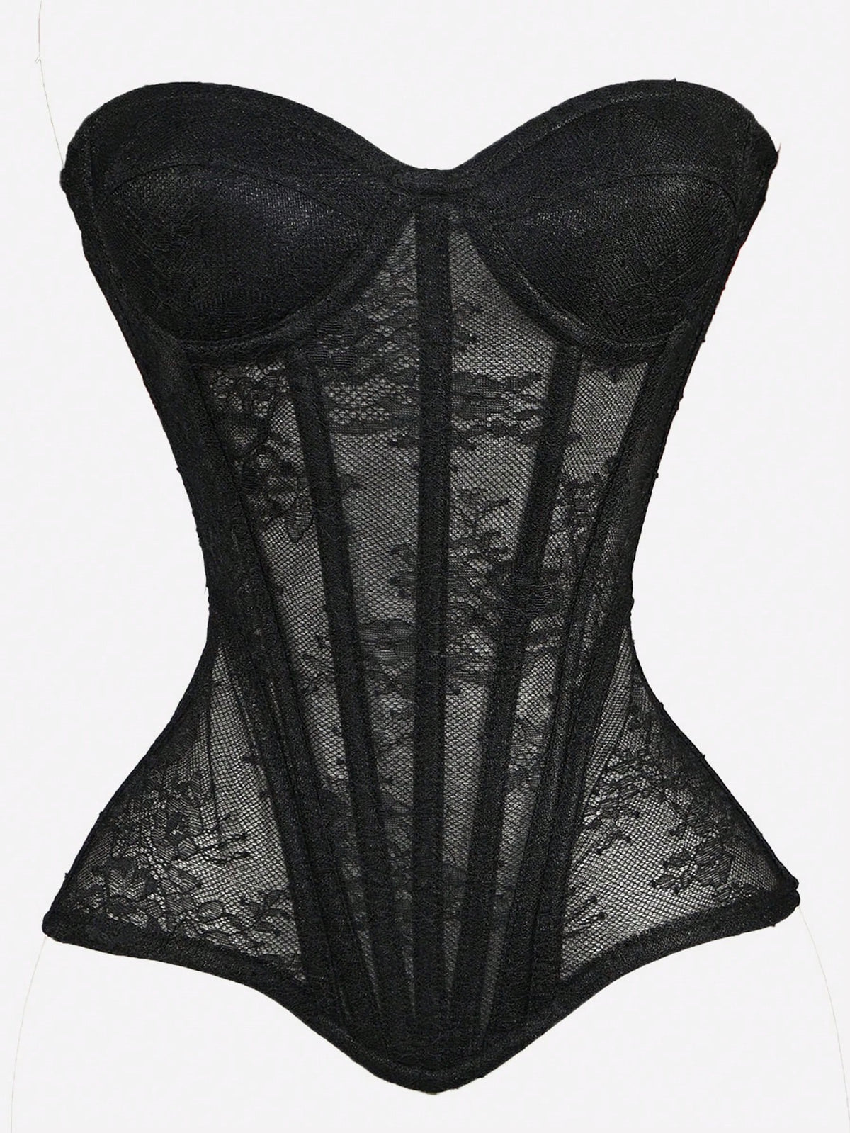 Black mesh bustier bra top with applique details and ultra light support for women