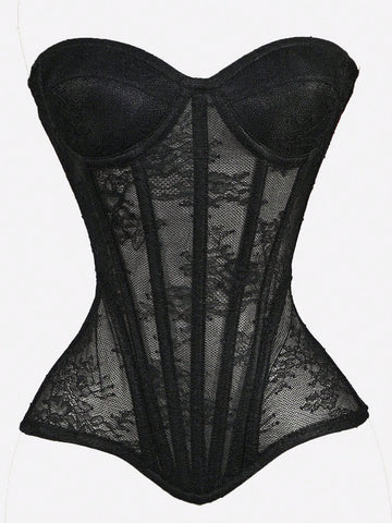 Black mesh bustier bra top with applique details and ultra light support for women