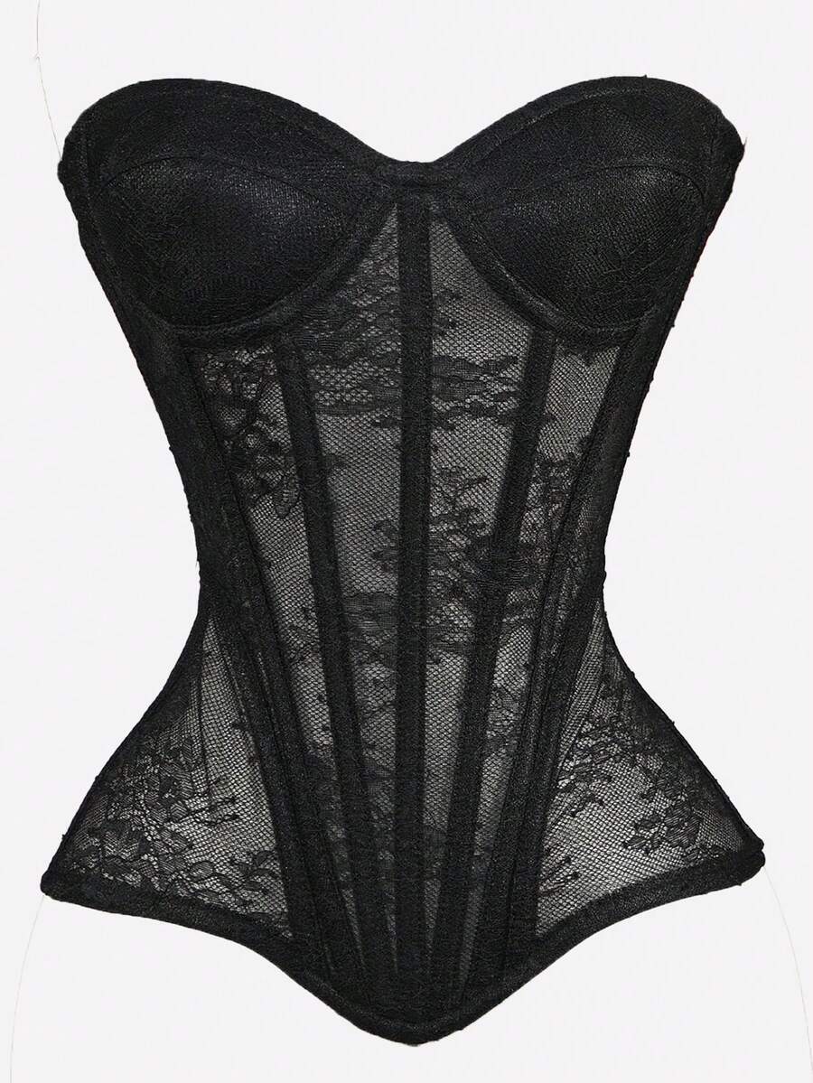 Black mesh bustier bra top with applique details and ultra light support for women