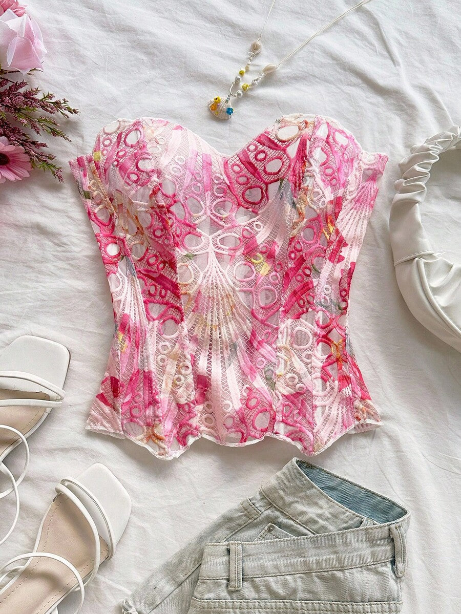 Strapless floral lace corset top with lace-up detail, asymmetrical hem, and slim fit for women.
