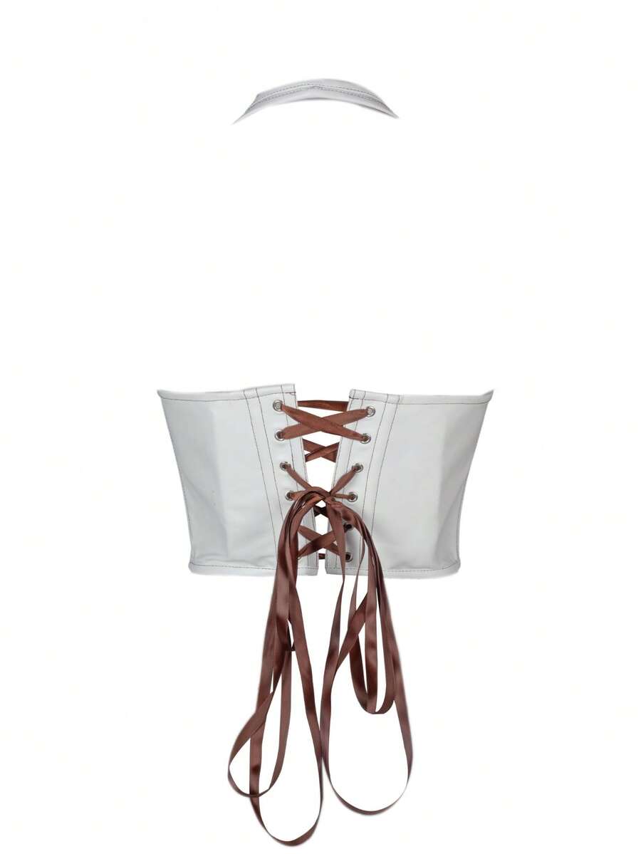 Black PU leather halter crop top for women with a backless design, split detail, tie-back closure, and grommet eyelets.