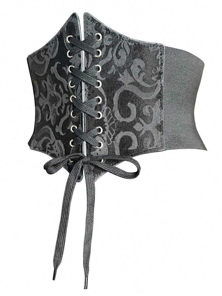 Black lace-up waist cincher with grommet eyelets, baroque pattern, medium stretch, and wide belt design for women.