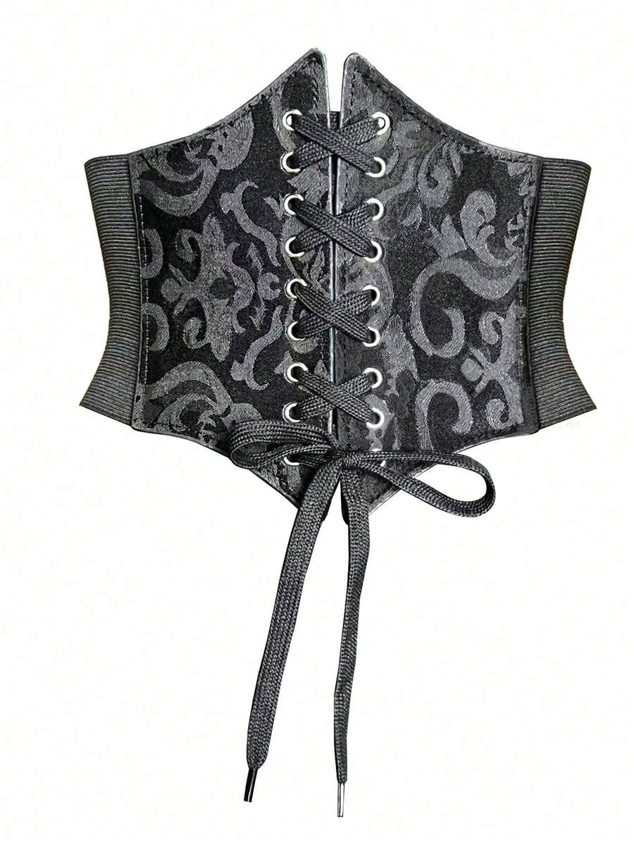 Black lace-up waist cincher with grommet eyelets, baroque pattern, medium stretch, and wide belt design for women.