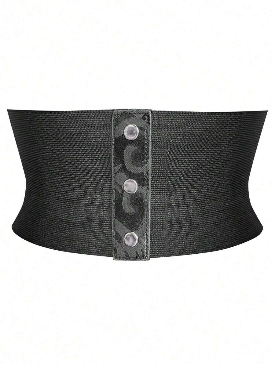 Black lace-up waist cincher with grommet eyelets, baroque pattern, medium stretch, and wide belt design for women.
