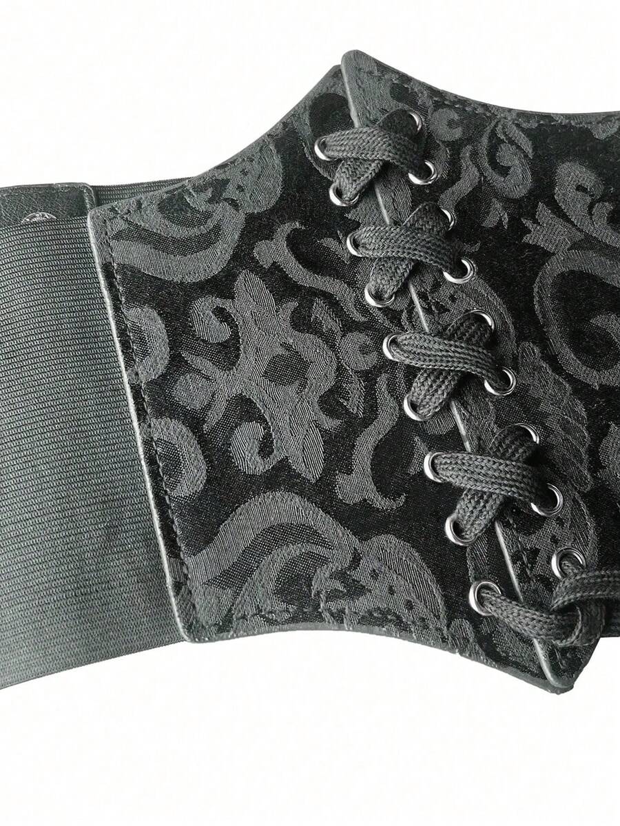 Black lace-up waist cincher with grommet eyelets, baroque pattern, medium stretch, and wide belt design for women.