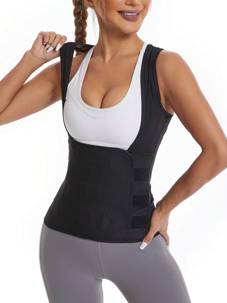 Women's pink sauna sweat waist cincher vest featuring fixed chest support, tummy control compression fabric, and hook and loop closure for fitness training.
