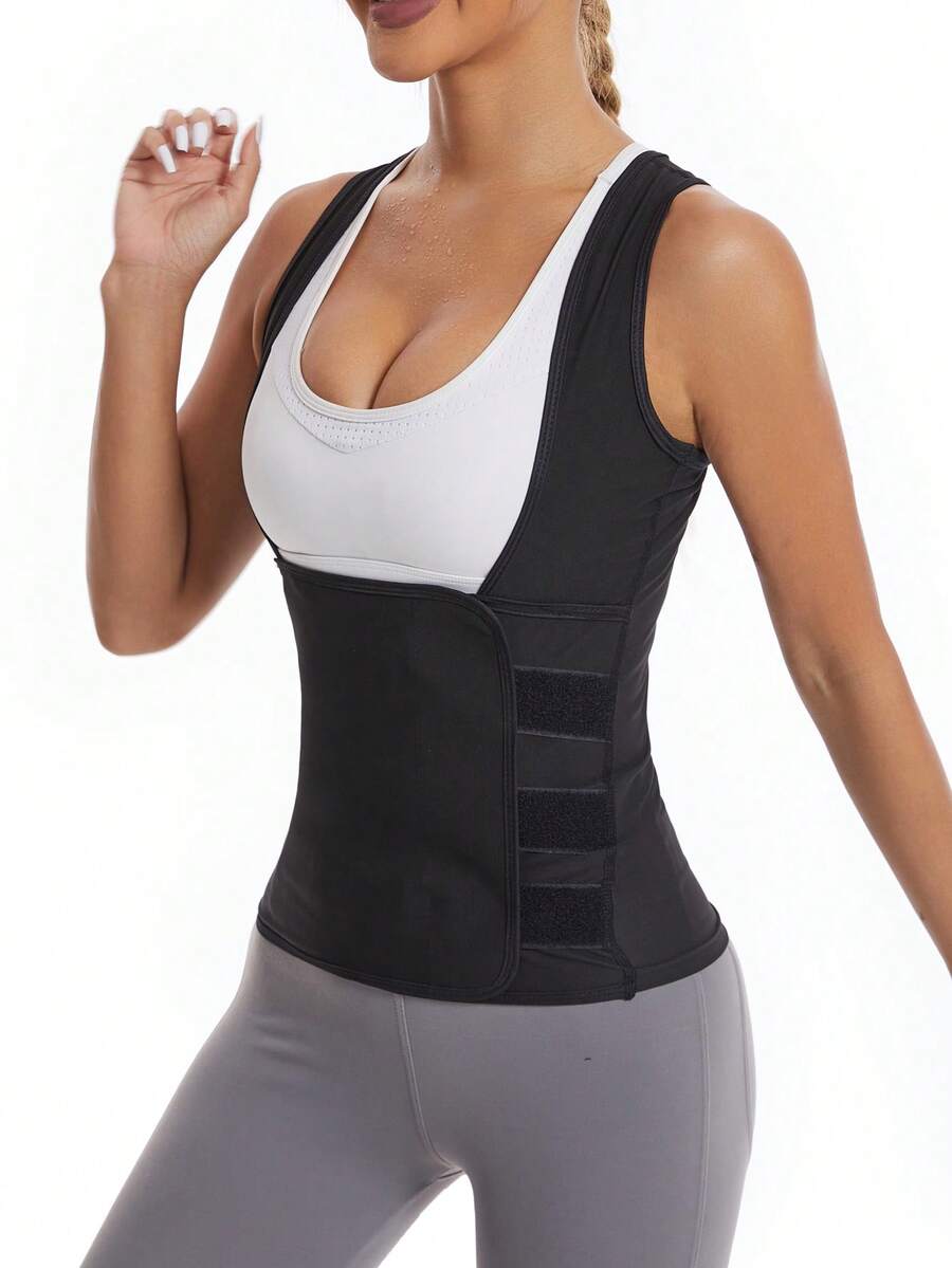 Women's pink sauna sweat waist cincher vest featuring fixed chest support, tummy control compression fabric, and hook and loop closure for fitness training.