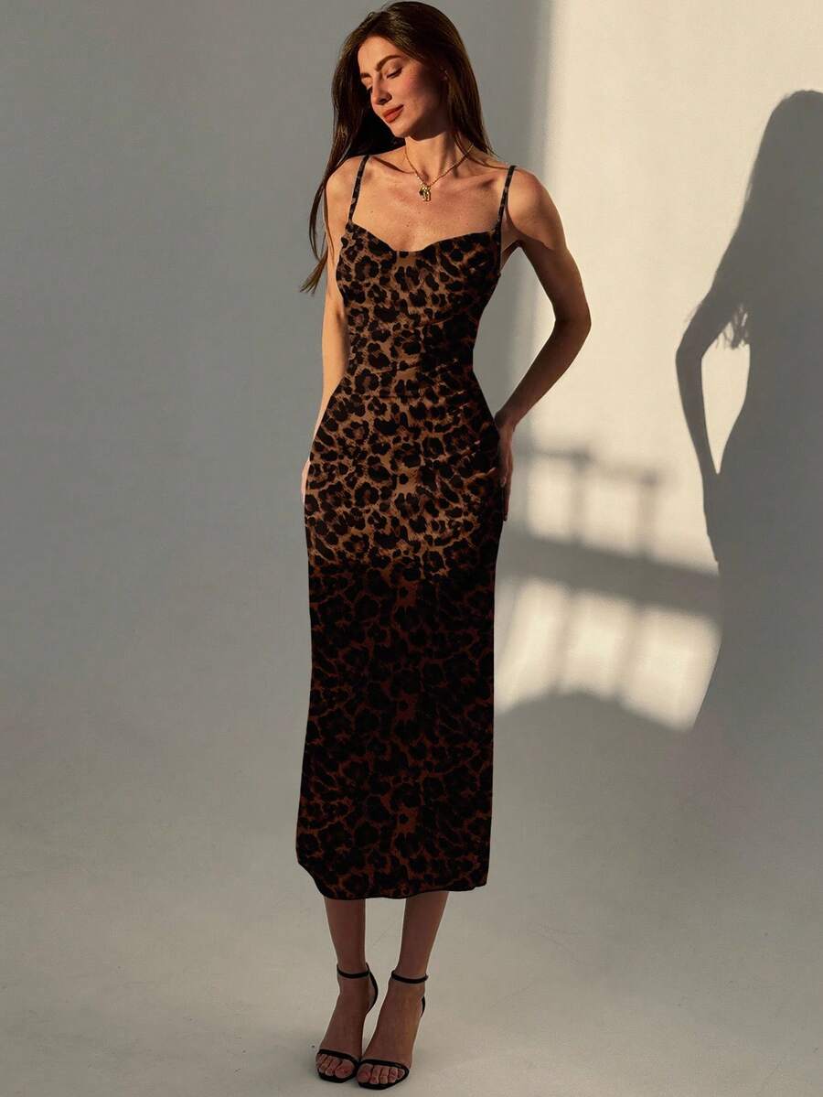 Women's leopard print draped backless cami midi dress with split thigh and pencil hem in multicolor high-stretch fabric.