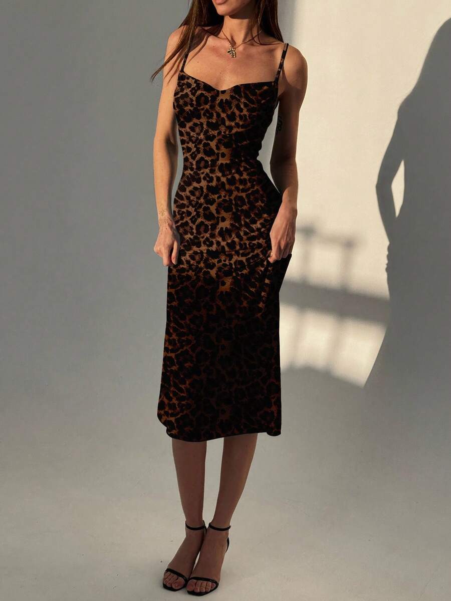Women's leopard print draped backless cami midi dress with split thigh and pencil hem in multicolor high-stretch fabric.