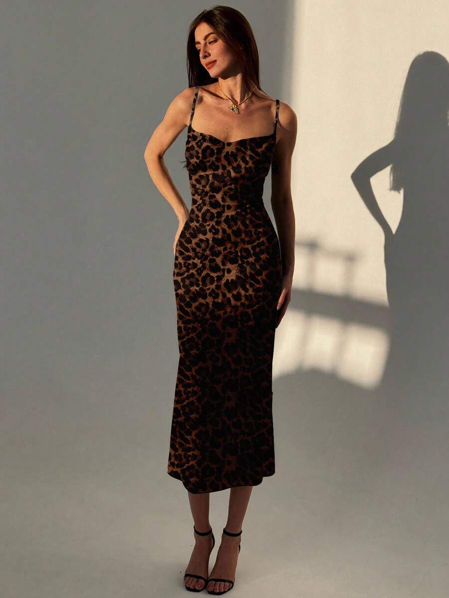 Women's leopard print draped backless cami midi dress with split thigh and pencil hem in multicolor high-stretch fabric.