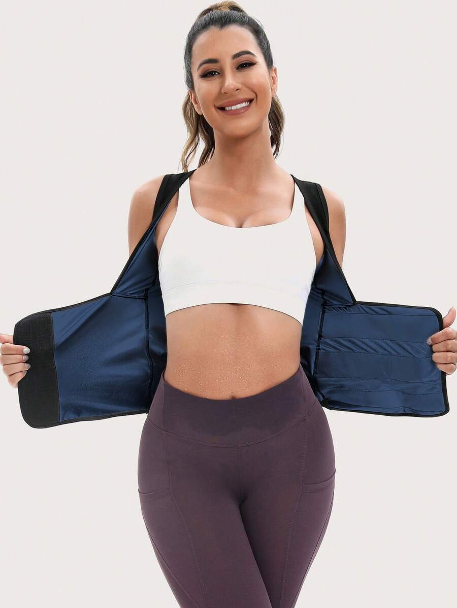 Women's pink sauna sweat waist cincher vest featuring fixed chest support, tummy control compression fabric, and hook and loop closure for fitness training.