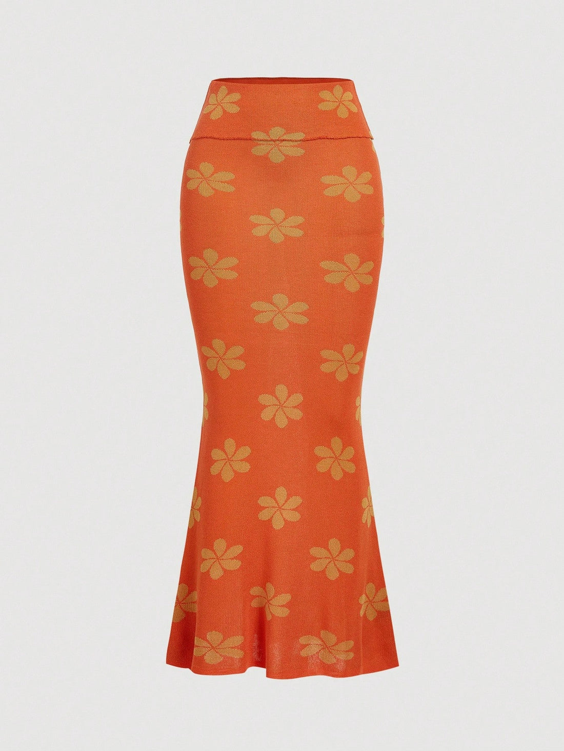 Orange women's floral pattern knit mermaid maxi skirt featuring rib-knit fabric, natural mid waist, slim fit silhouette, and unlined design.