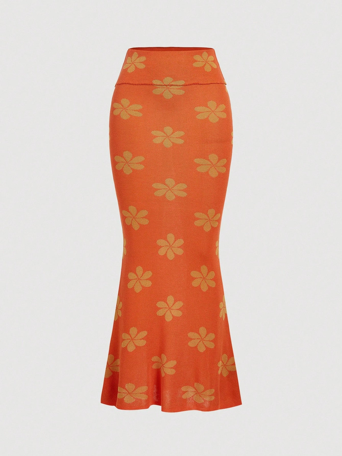 Orange women's floral pattern knit mermaid maxi skirt featuring rib-knit fabric, natural mid waist, slim fit silhouette, and unlined design.