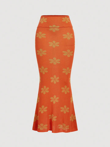 Orange women's floral pattern knit mermaid maxi skirt featuring rib-knit fabric, natural mid waist, slim fit silhouette, and unlined design.