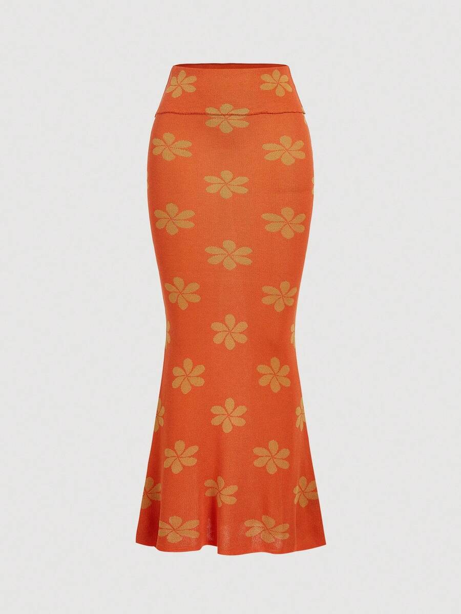 Orange women's floral pattern knit mermaid maxi skirt featuring rib-knit fabric, natural mid waist, slim fit silhouette, and unlined design.