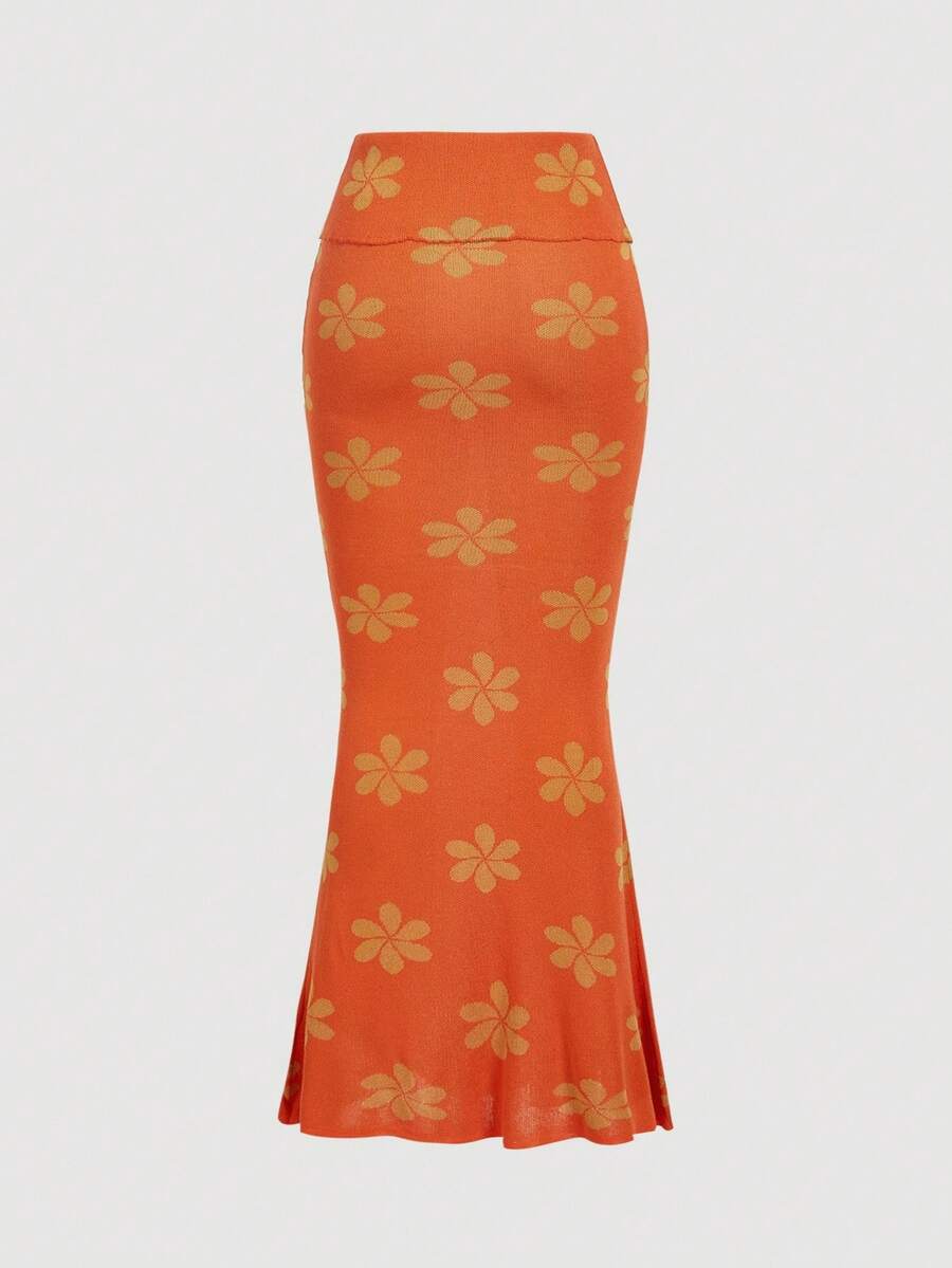 Orange women's floral pattern knit mermaid maxi skirt featuring rib-knit fabric, natural mid waist, slim fit silhouette, and unlined design.