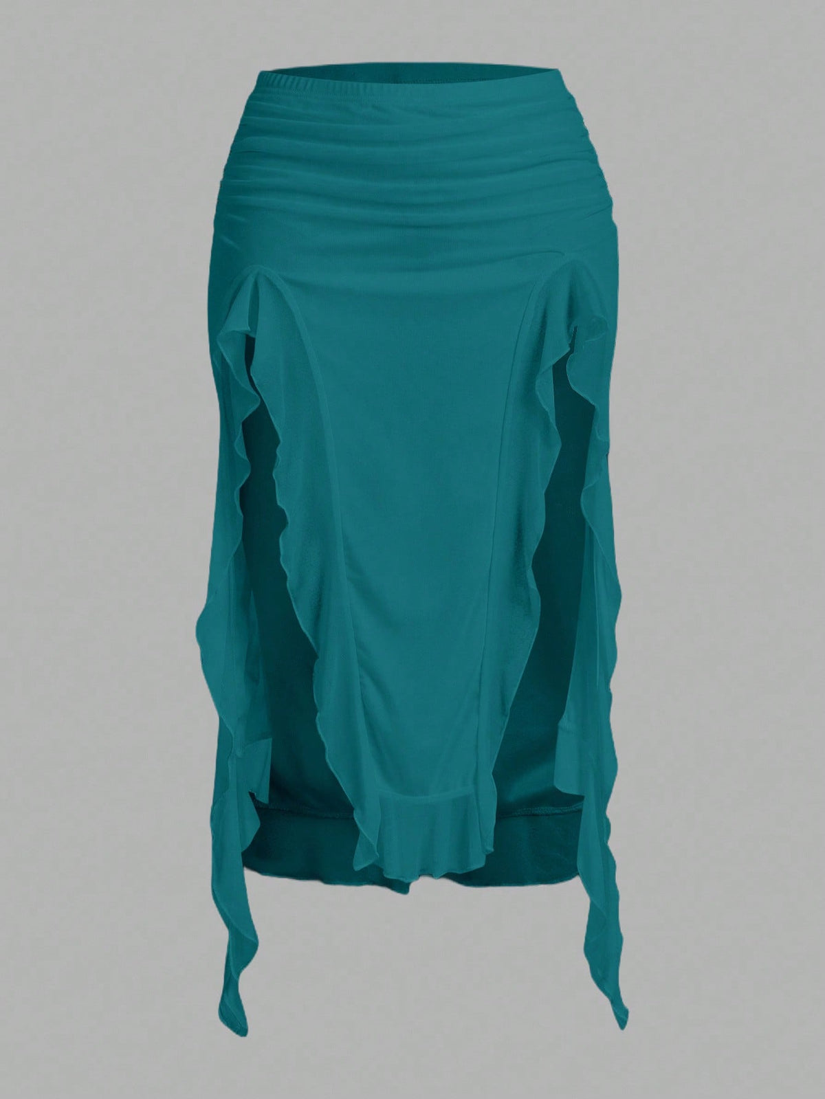 Women's black low rise asymmetrical midi skirt with ruched mesh fabric and layered ruffle hem
