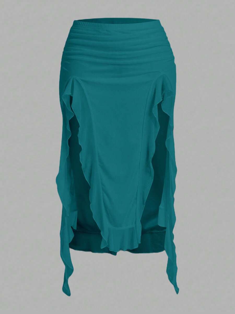 Women's black low rise asymmetrical midi skirt with ruched mesh fabric and layered ruffle hem