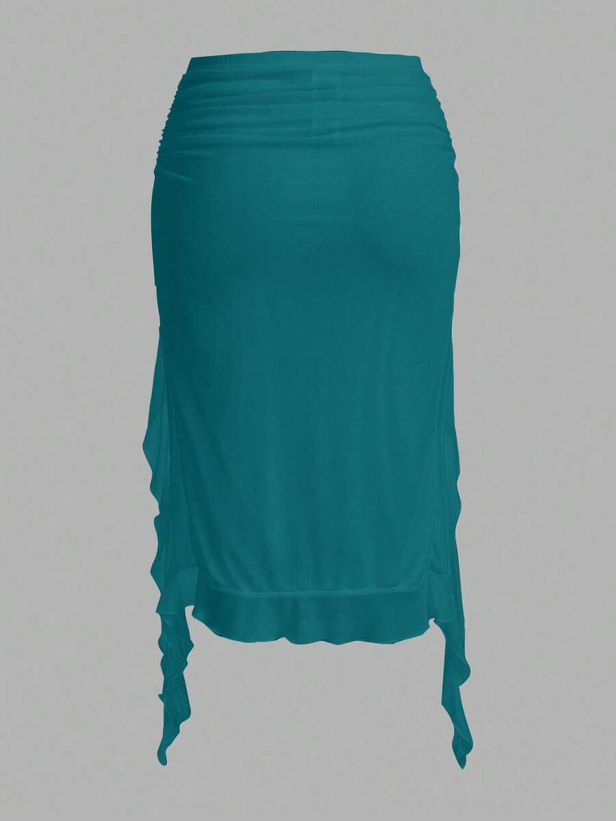 Women's black low rise asymmetrical midi skirt with ruched mesh fabric and layered ruffle hem