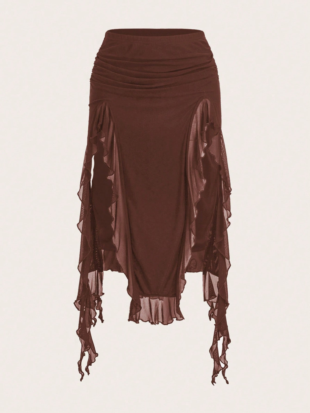 Women's black low rise asymmetrical midi skirt with ruched mesh fabric and layered ruffle hem